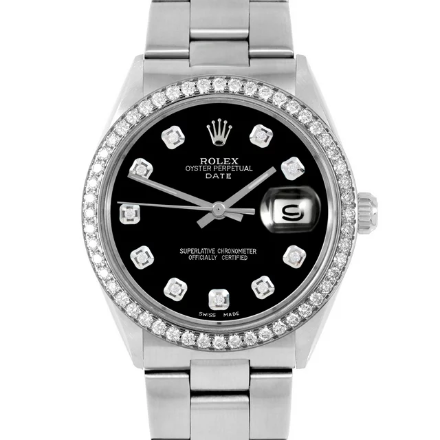 Pre-Owned Rolex 1500 Men's 34mm Date Wristwatch Black Diamond (3 Year Warranty) (Good)