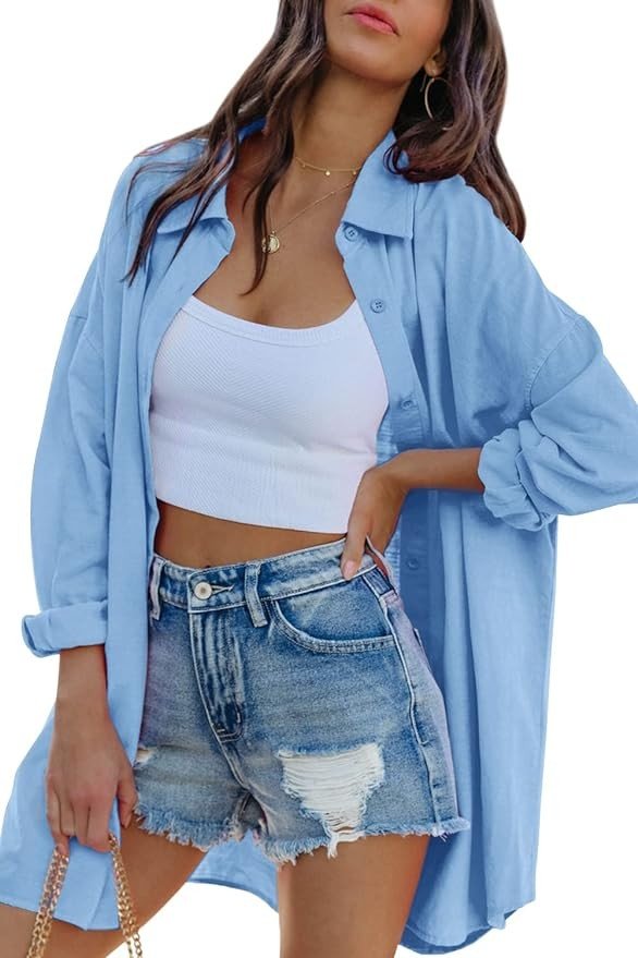 FSHAOES Womens Oversized Button Down Shirts Casual Loose Long Sleeve Solid Lapel Long Blouses Tops with Pockets