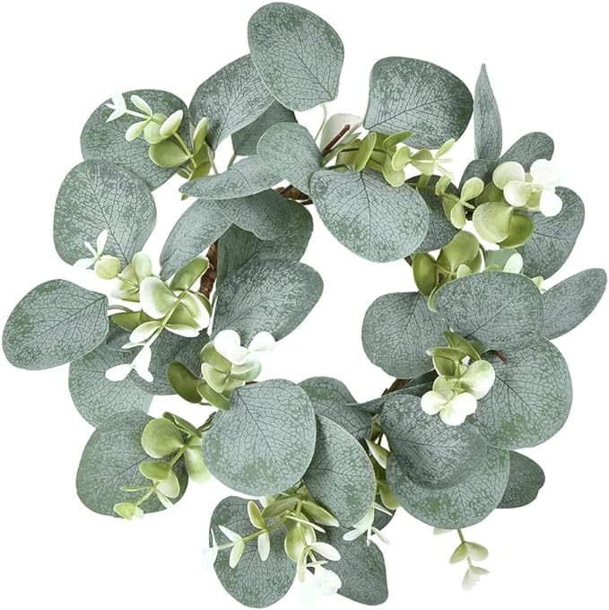 GRBAMBI Artificial Eucalyptus Leaves Wreaths - Eucalyptus Leaves Greenery Garland Farmhouse Wreath 9Inch for Kitchen Cabinet Dining Chairs Tabletop Decor (1)