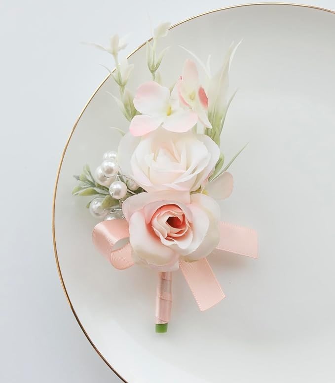 MAFELOE 2Pcs Men Boutonniere Corsage Set, Artificial Flowers for Groom Groomsmen Wedding Prom Party Ceremony Anniversary Formal Dinner Flowers Accessories Suit Decor- Pale Pink