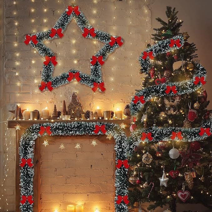 Christmas Tinsel Garland Artificial Christmas Garland Xmas Metallic Twist Hanging Garland Fireplace Mantel Wreath Decor for Staircase Railing Indoor Outdoor Ornaments (Bow Style,19.7 Feet)