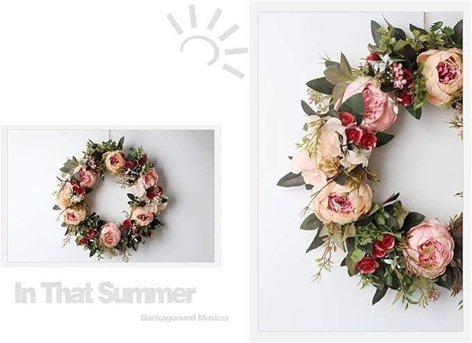 Peony Spring Wreath for Front Door, Handmade Pink Floral Wreath Artificial Spring Garland Wreath for Front Door Wall Wedding Party Home Deco