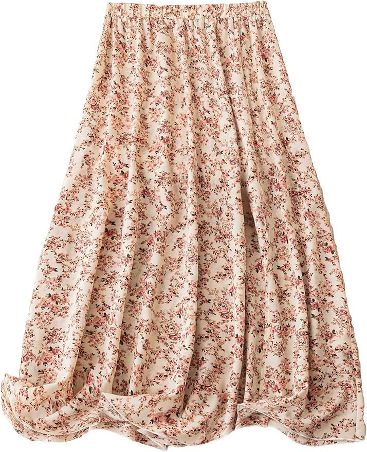 MakeMeChic Women's Plus Size Floral Print Elastic High Waist Ruffle A Line Maxi Long Skirt