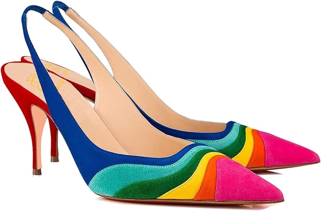 LEHOOR Women Rainbow Slingback Pumps Kitten Heels Pointed Toe Suede, Multicolor High Heel Pumps Stiletto Elastic Strap Closed Toe for Ladies Dress Party 5-13 M US