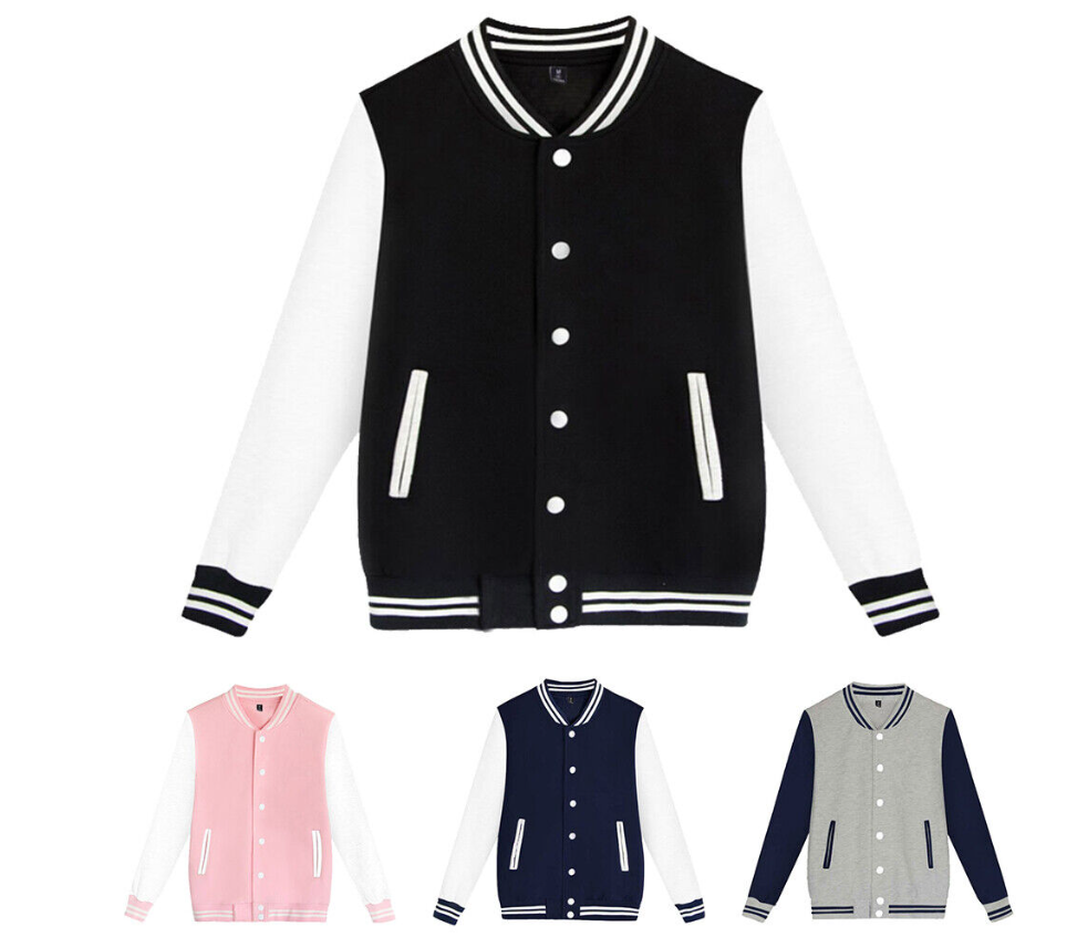 Mens Women Varsity Baseball Jacket College Uniform Sport Coat Outwear Top Unisex
