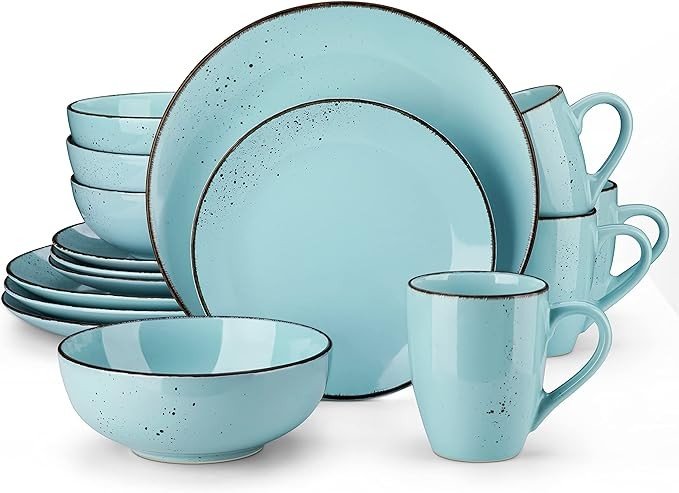 vancasso Navia Ceramic Dinnerware Set, 16 pieces Set of 4 Stoneware Spray Spot Patterned Service Dish with Dinner Plates, Salad Plates, Bowls, Mugs - Light Blue