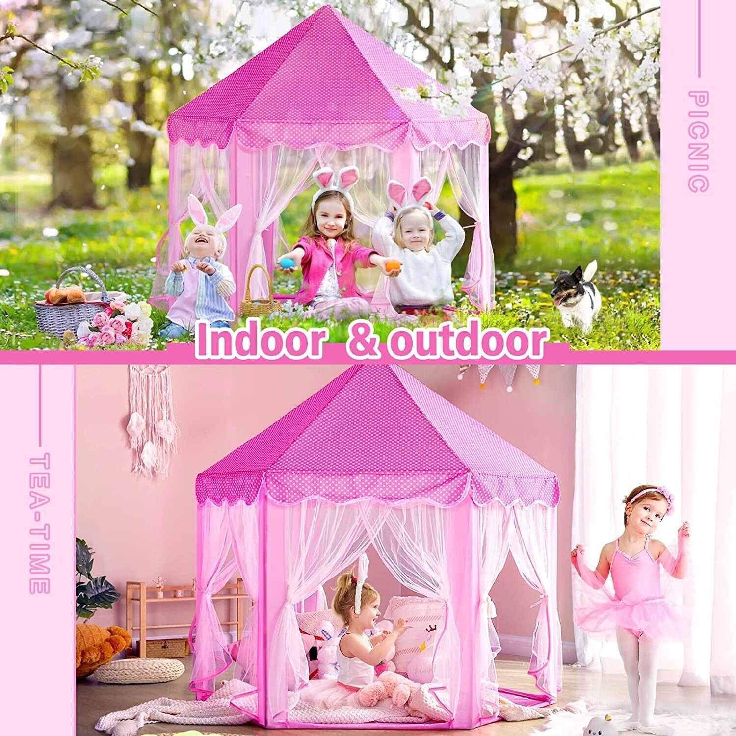 Large Playhouse Castle Play Tent with Star Lights Toy for Kids Girls Game (Pink)