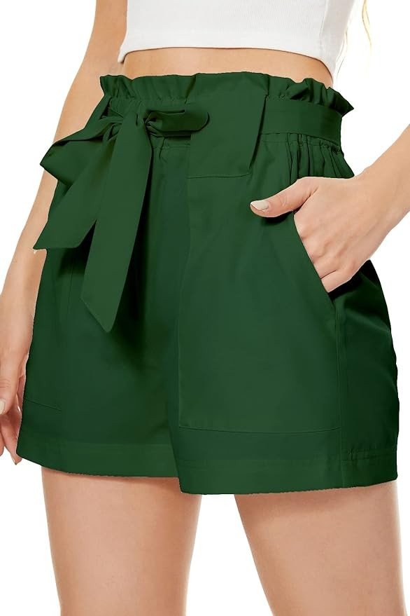NEYOUQE Shorts for Women Summer Casual Bowknot Belted Elastic High Waisted Wide Leg Beach Loose Short Pants with Pockets