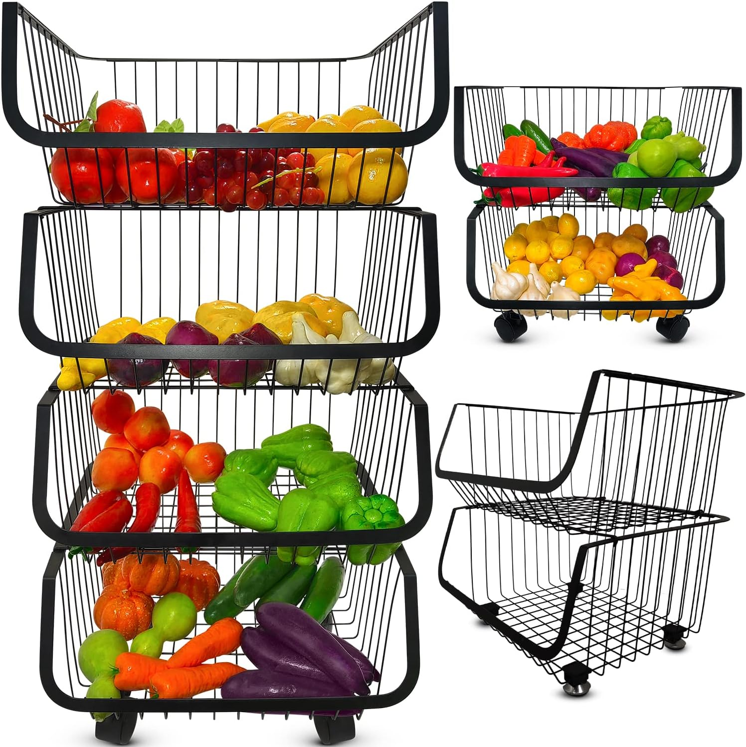 4-Tier Utility Rolling Cart - Metal Black Basket, Storage Organizer for Pantry,