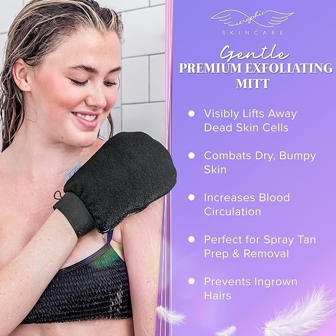 Seraphic Skincare Premium Exfoliating Mitt for Body, Gentle – Viscose Fiber Korean Exfoliating Glove for Sensitive Skin – Body Exfoliator for Self-Tan Removal and Application