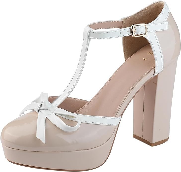 Allegra K Women's Platform Bow T Strap Chunky Heels Pumps
