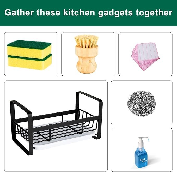 TEZZ Sponge Holder for Kitchen Sink- Stainless Steel Kitchen Sink Caddy for Organizing Sponge, Brush & Soap Dish Dispenser, Kitchen Sink Organizer Rack with adhesive or Counter top, Black
