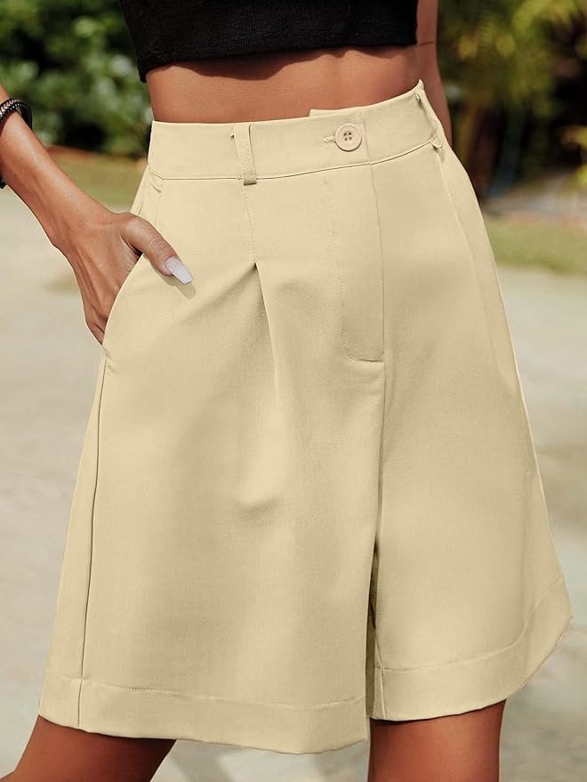 YKR Bermuda Shorts for Women Dressy Elastic High Waisted Knee Length Shorts Casual Wide Leg Summer Shorts with Pockets