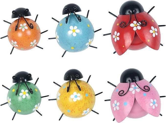 hogardeck Metal Ladybugs Outdoor Wall Decor, 6 Pack Wall Art Garden Sculptures & Statues Outdoor Decorations for Patio, Handmade Gift, Spring Garden Decor for Outside