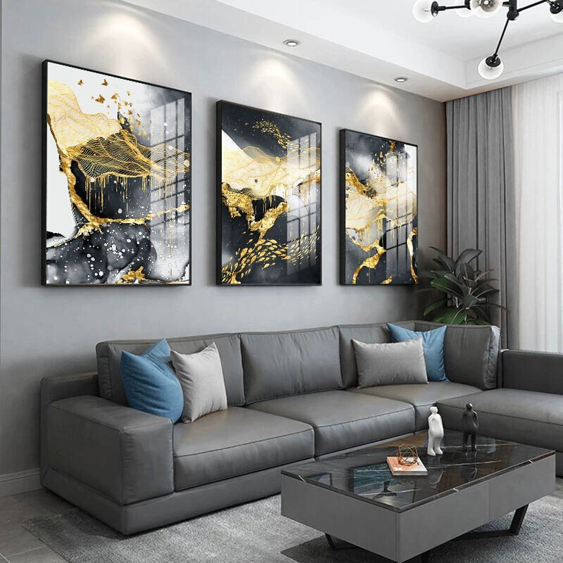 Golden Black White Abstract Painting Canvas Wall Art Poster Modern Home Decor