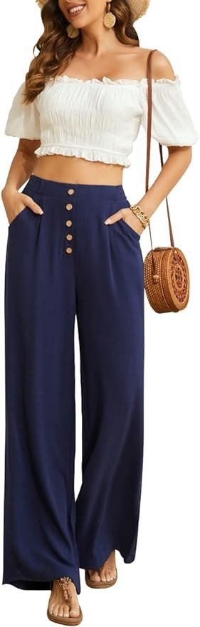 SVALIY Women Flowy Pants Cotton Linen Wide Leg Palazzo Pants Long Lounge Slacks High Waist Button Trousers Pocket