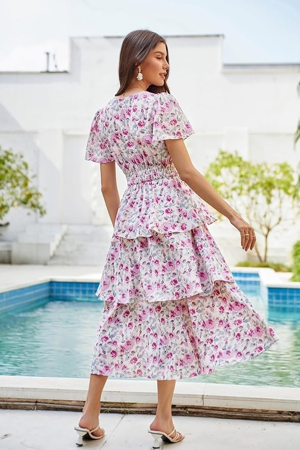 GRACE KARIN Women's 2024 Floral Summer Long Midi Dress V Neck Short Sleeve Ruffle Tiered Layered Boho Swing Dresses