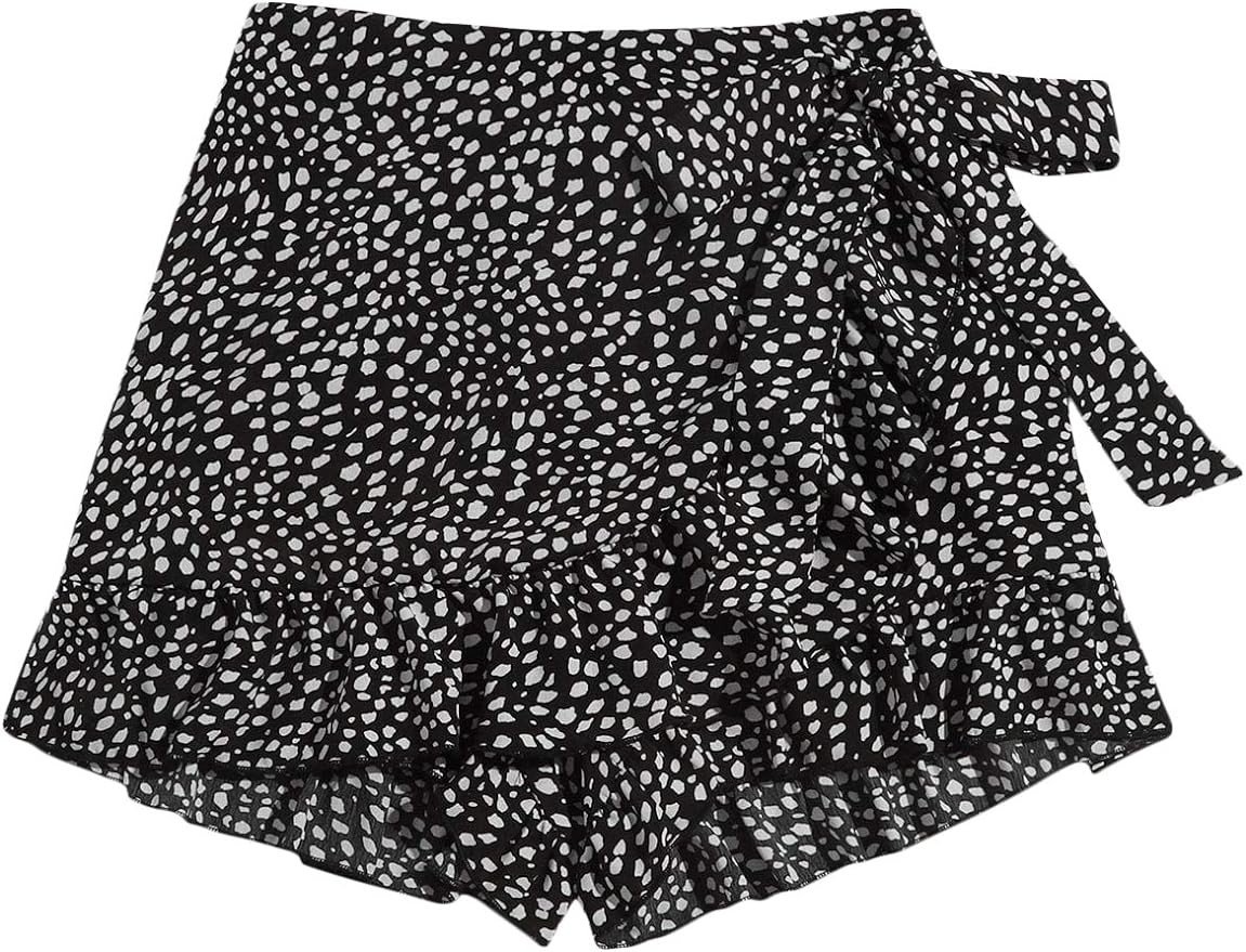 MakeMeChic Women's Boho Floral Print Elastic Waist Ruffle Wrap Tie Skorts Skirt Skorts