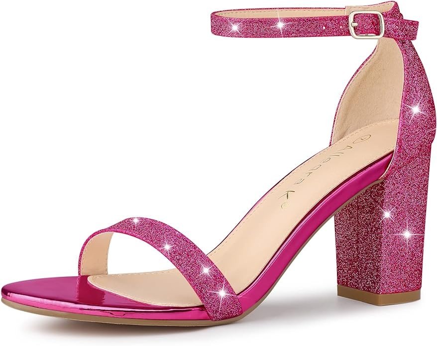 Allegra K Women's Glitter Ankle Strap Chunky Heels Sandals