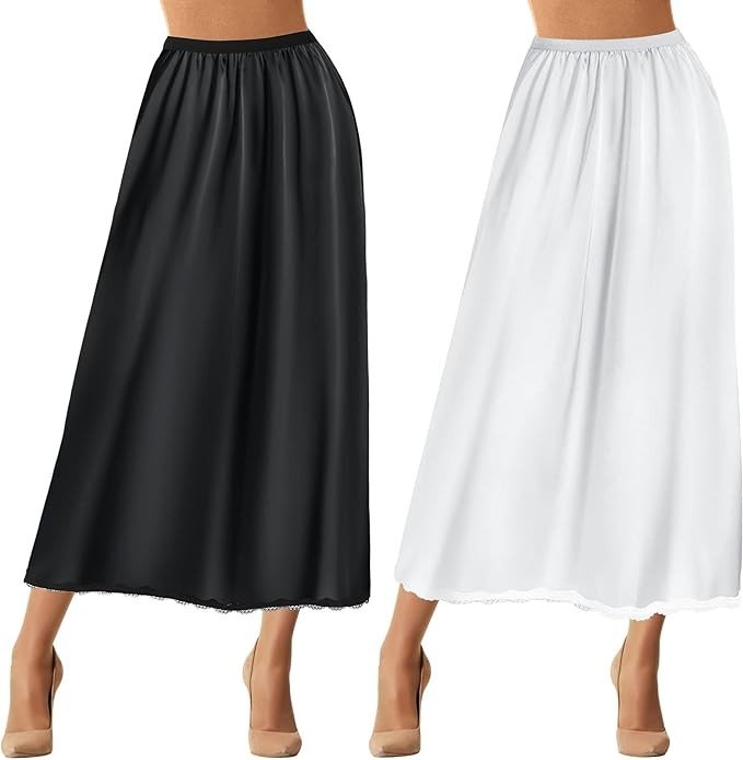 Jiuguva 2 Pieces Half Slip Lace Long Underskirt Women's Satin Half Slip Half Slips for Under Dresses Slip