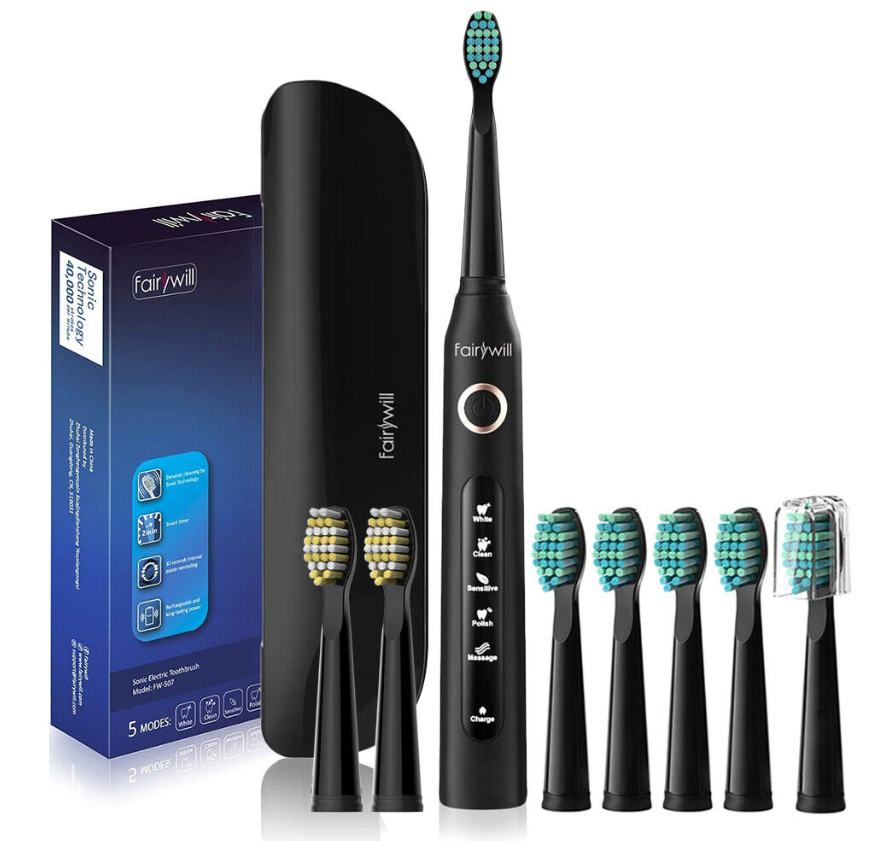 Sonic Electric Toothbrush Black Travel Case 8 Replacement Heads USB Rechargeable