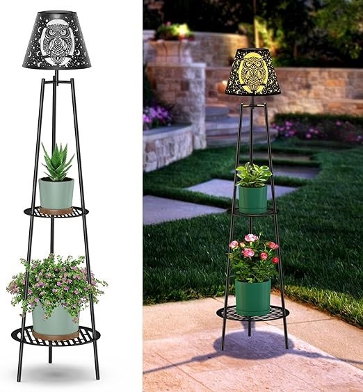 HDUAN IDT Owl Motif Metal Solar Lights Outdoor with Plant Stands 45.5'' Solar Powered Street Lights Solar Floor Lamp Tripod Deck Lights for Garden Yard Pathway Driveway Porch