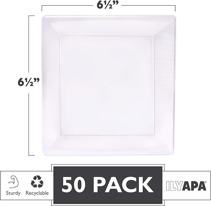 Ilyapa 50 Pack 6 Inch Disposable Dessert Plates, Plastic Clear Party Plates Sets for 50 Guests, Clear Appetizer plates 6 Inch, Clear Cake Plates 6", Party & Dinner Accessories, Square