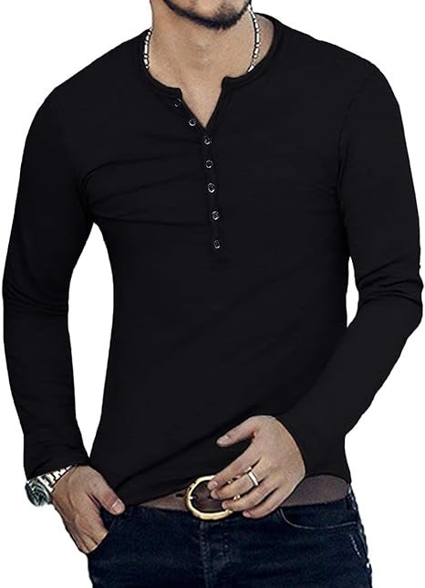 YTD Mens Casual Slim Fit Basic Henley Long Sleeve Fashion T-Shirt