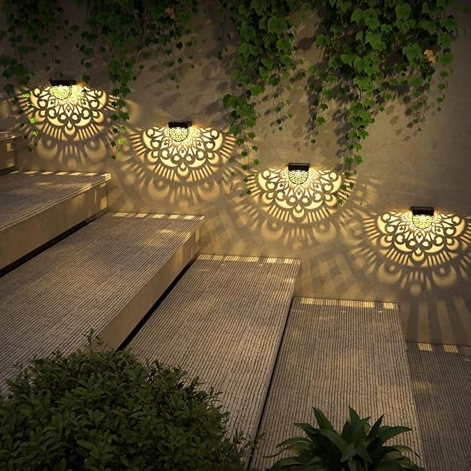 EKQ 6 Pack Solar Fence Lights Solar Outdoor Wall Lights Plastic Solar Powered Deck Step Stair Lights Moon Theme Waterproof Fence Solar Light for Garden Post Patio Backyard Yard Decor (Black, 6 Pack)