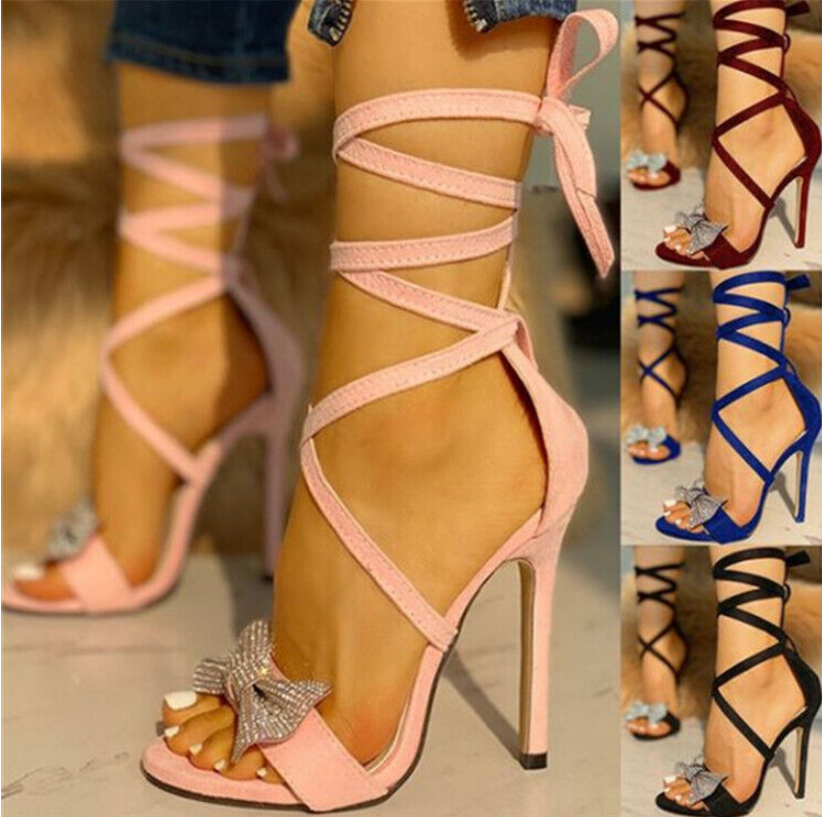 Sexy Ladies Open Toe Stiletto Bow Knot Lace-Up Ankle Straps Sandals High Heels