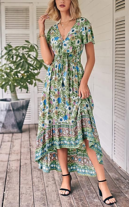 PRETTYGARDEN Deep V Neck Bohemian Floral Summer Dresses for Women 2023 Cutout Short Sleeve Casual Party Beach Maxi Dress