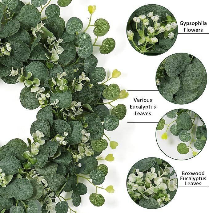 SOMYTING Green Eucalyptus Wreath, 20" Artificial Eucalyptus Leaves Wreath with with White Flowers Eucalyptus Leaves Gypsophila Garland Spring/Summer Wreath for Front Door Wall Window Home Decor