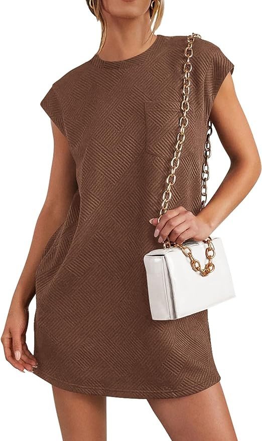 Pretty Garden Womens Cap Sleeve Crew Neck Casual Loose Basic Mini Dress
