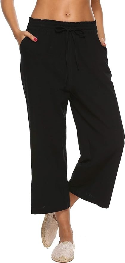 LNX Womens Linen Pants High Waisted Wide Leg Drawstring Casual Loose Trousers with Pockets