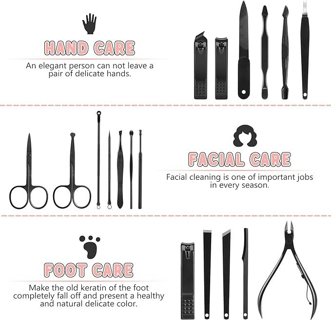 Manicure Set, Jubolion 19pcs Stainless Steel Professional Nail Clippers Pedicure Set with Black Leather Storage Case, Portable Grooming Kit for Travel or Home, Perfect Gifts Women and Men (Black)