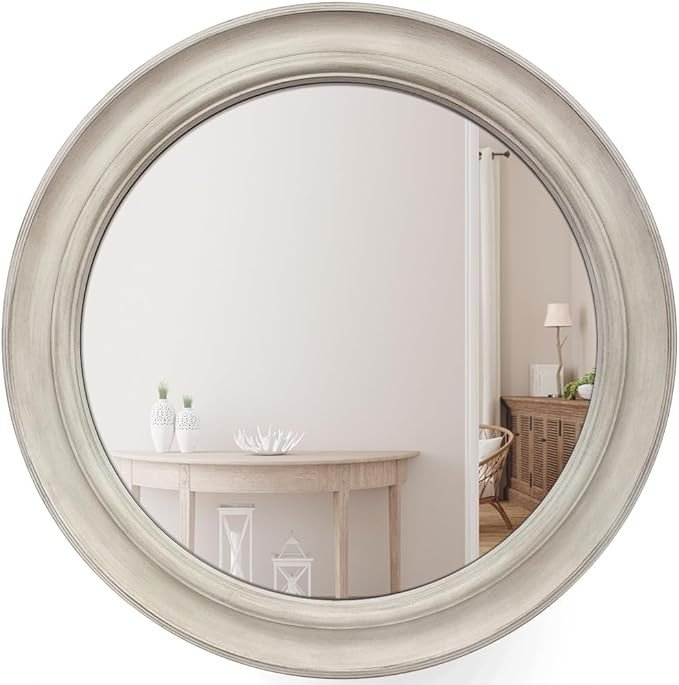 Presentime & Co. 26" Clifton in/Outdoor Farmhouse Wall Mirror, No Distortion HD Glass Mirror, Farmhouse Mirror and Wall Art for Wall Decoration, Weathered White Finish