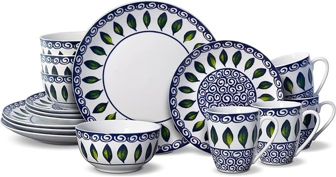 Mikasa Vienna 16 Piece Dinnerware Set | Elegant and Lightweight White Porcelain with Green Leaf & Blue Scroll Design | Service for 4 | Microwave & Dishwasher Safe