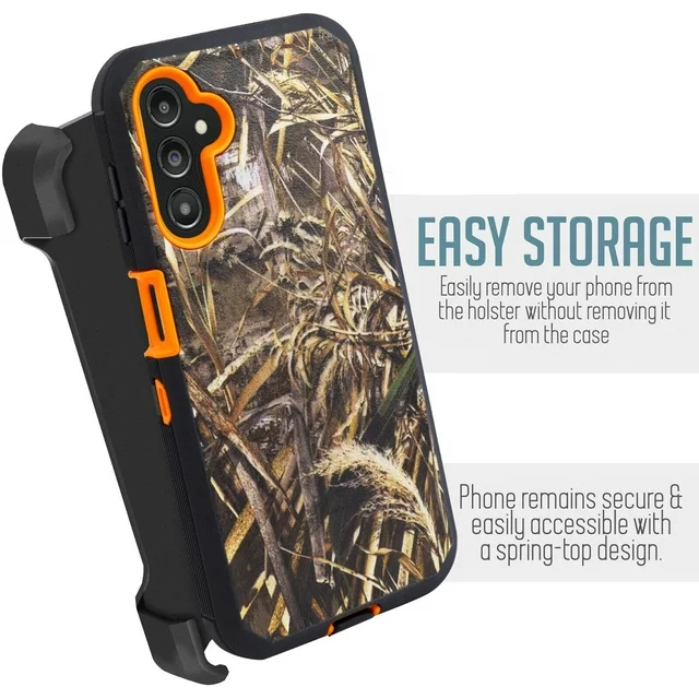 For Samsung Galaxy A14 5G Heavy Duty Rugged Dropproof Full Body Protection Phone Case with Belt Clip Holster & Built in Screen Protector - Camo Orange