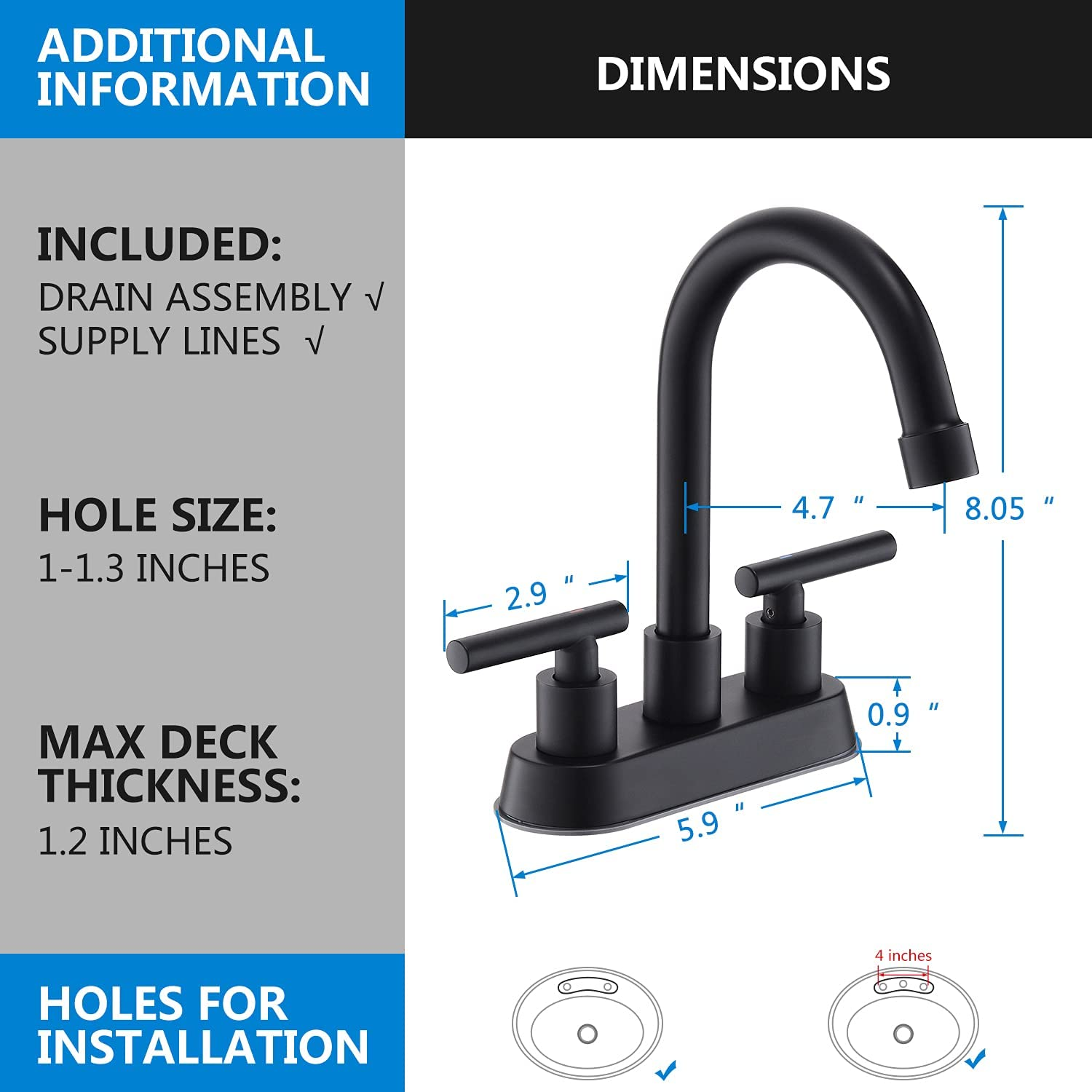 Black Bathroom Faucets, 2 Handle Bathroom Sink Faucet, 4-Inch Centerset Bathroom