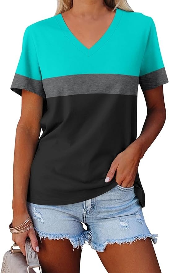 ORANDESIGNE Women's Color Block Short Sleeve T Shirts Casual V Neck Summer Tops Tees Loose Fit Blouses