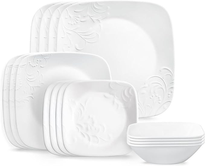 Corelle Cherish 16pc, Service for 4, Dinnerware Set, 8 Plates 8 Bowls, Chip & Break Resistant, Dinner Plates and Dinner Bowls, Corelleware Plates, White Visit the Corelle Store