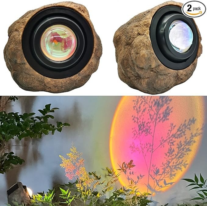 GOODFOEVER Solar Rock Lights(2pcs) Sunset Projection Lights Atmosphere Night Light Solar Powered Garden Lights Outdoor Decorative Waterproof LED Spotlight for Pathway, Walkway, Yard, Patio