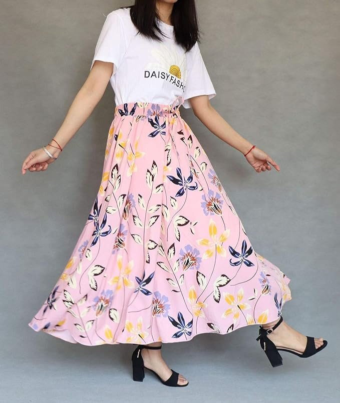 Biruil Womens High Waisted Skirt Chiffon Boho Printed Vintage Pockets Swing A-Line Long Skirts