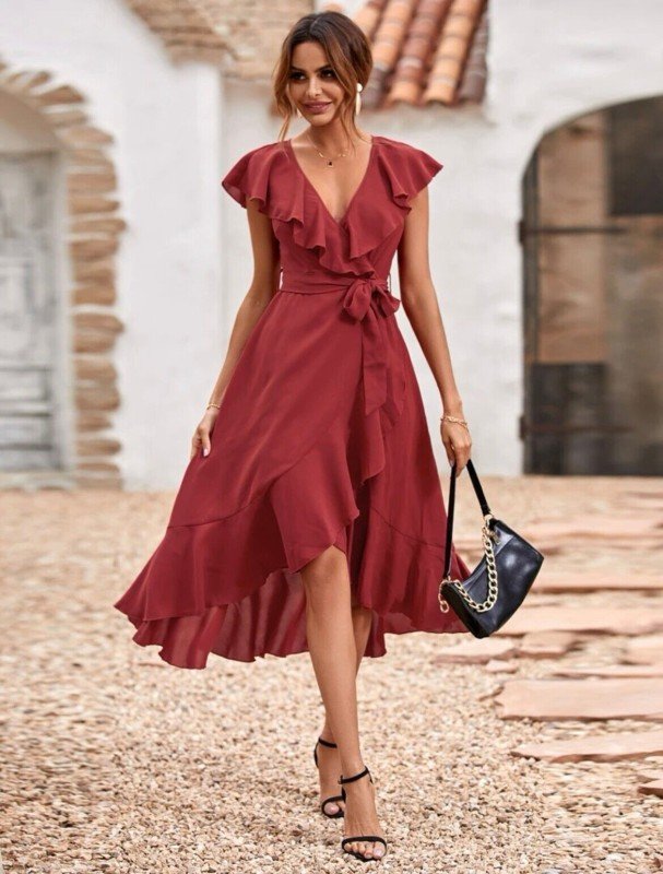 Solid Ruffle Trim Belted Wrap Dress