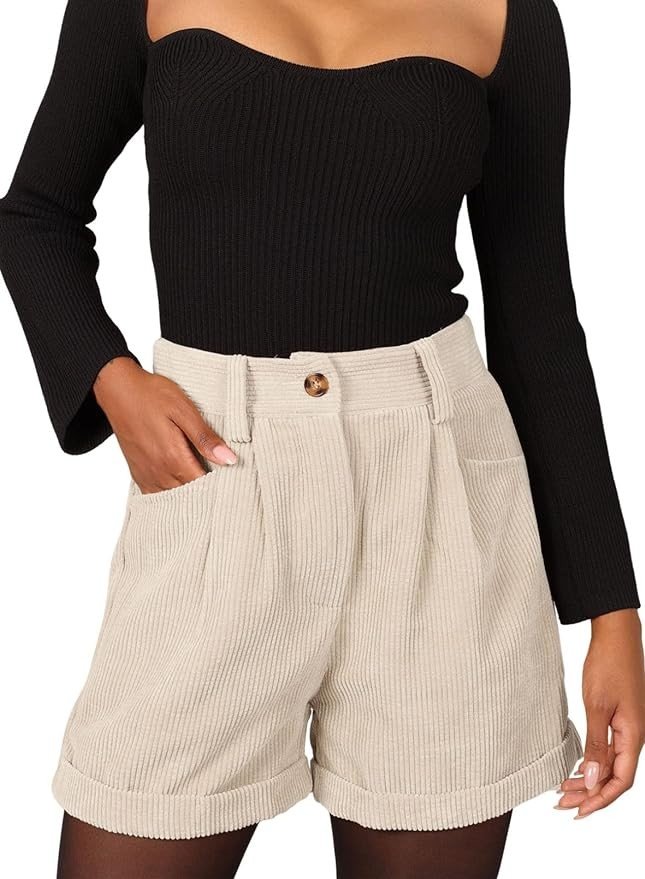 Dokotoo Womens Casual Corduroy Shorts High Waist Roll Up Elastic Relaxed Fit Shorts for Women with Pockets