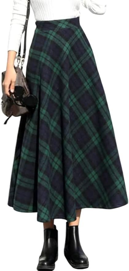 IDEALSANXUN Womens Plaid Wool Skirts Elastic Waist A-Line Pleated Tartan Long Skirts