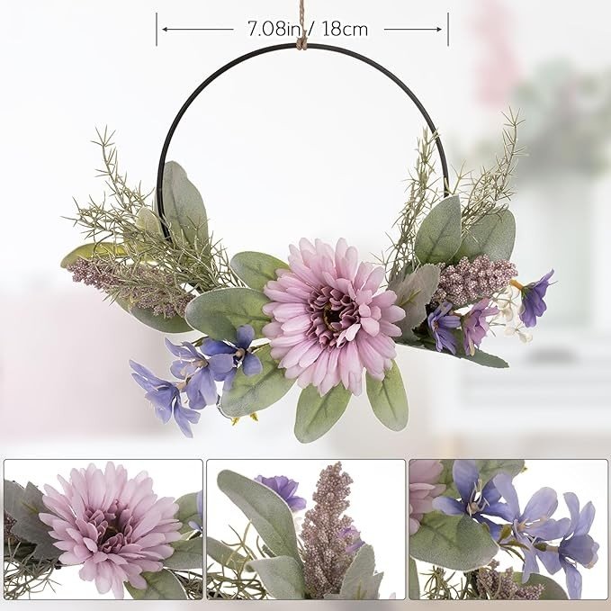 Weldomcor Artificial Floral Wreath for Front Door Floral Hoop Wreath Decor with Purple Flowers Green Leaves Garland Spring Wall Window Home Hanging Decorations Visit the Weldomcor Store