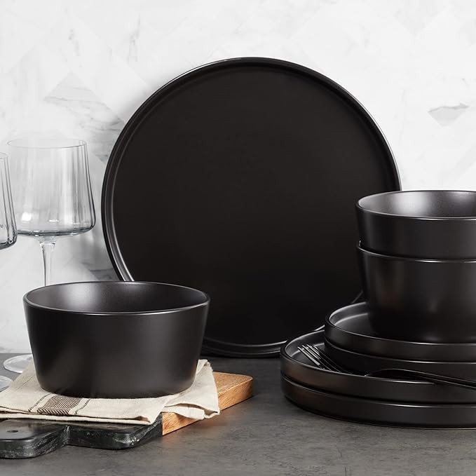 Stone Lain Coupe Dinnerware Set, Service For 4, Black Matte